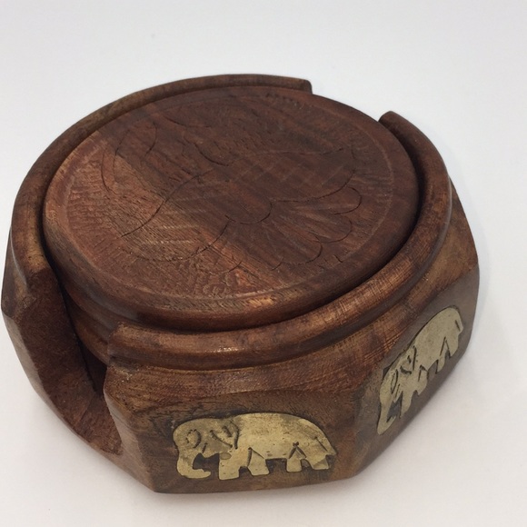 Vintage Elephant Drink Coasters Carved Wood Set Of 6 Brass Inlays - Picture 2 of 9